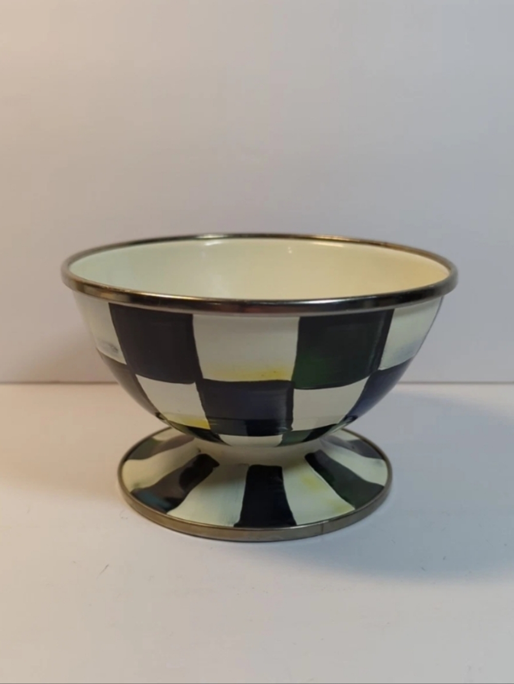 Mackenzie Childs Courtly Check Footed Ice Cream Bowl Dish Enamel